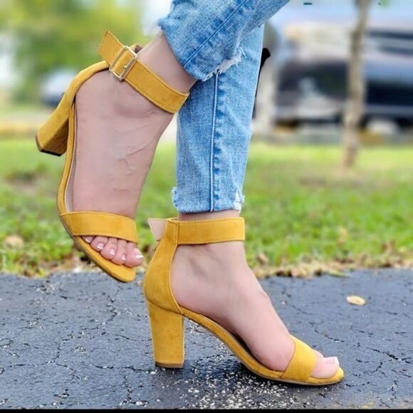 Mustard Yellow Womens Suede Block Heel Sandals with Ankle Strap & Side Buckle